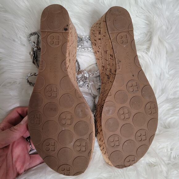 Kate Spade New York Women’s 8.5 Wedge Sandals Silver Braided Cork Heel - Picture 10 of 11